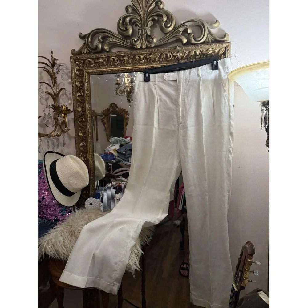 Jordan Craig Pants Mens 36x34 White/beige Linen Dress Pleated Lightweight Breath